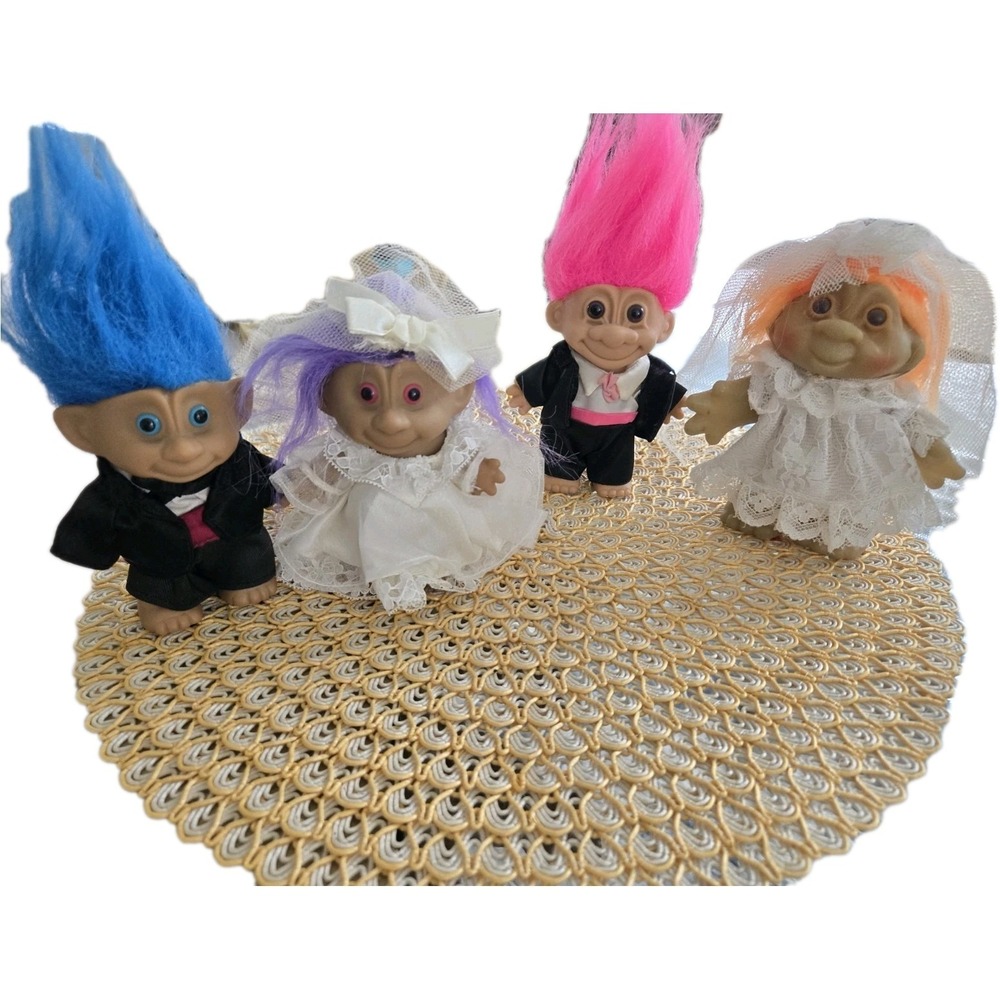 #vintagetrolldolls,  Bride Groom Pink Blue Hair Lace Wedding Set of 4 dolls